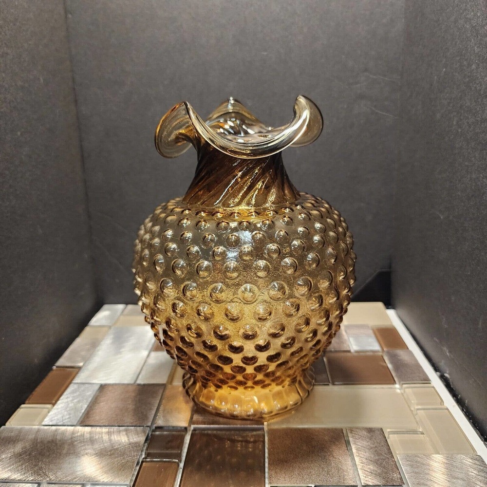 Indiana Glass Amber Hobnail 8 1/4" In Twisted Ruffled Vase
